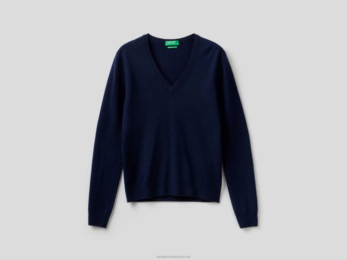 vrouwen Benetton donkerblauwe trui met v-hals van zuivere merinowol donkerblauw 4R62181