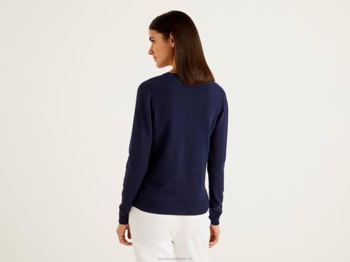 vrouwen Benetton donkerblauwe trui met v-hals van zuivere merinowol donkerblauw 4R623622
