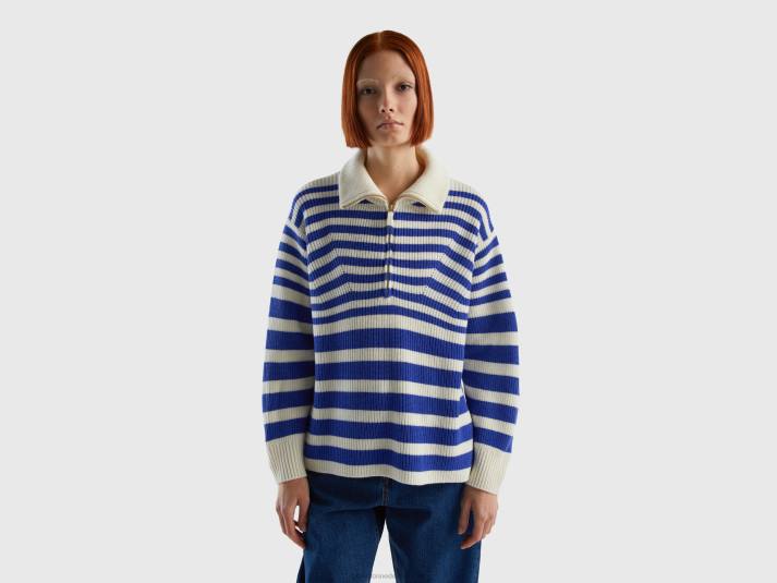 vrouwen Benetton gestreepte trui met hoge hals helderblauw 4R62135