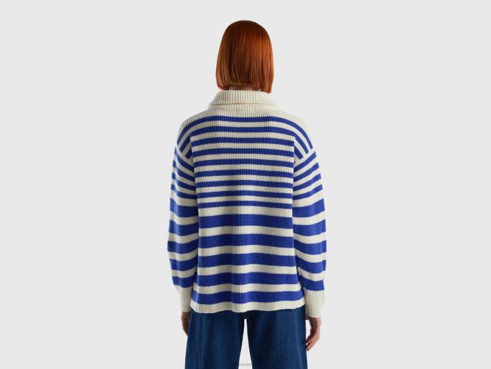 vrouwen Benetton gestreepte trui met hoge hals helderblauw 4R62135