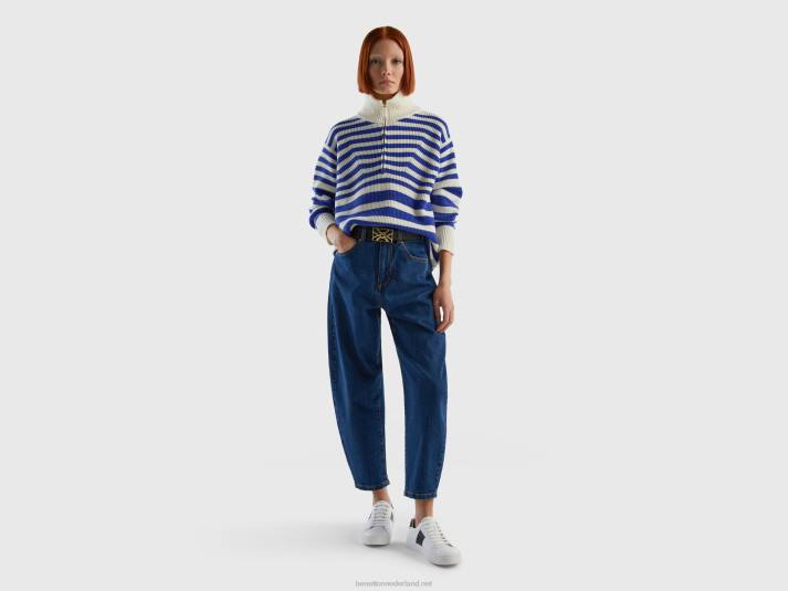 vrouwen Benetton gestreepte trui met hoge hals helderblauw 4R62135