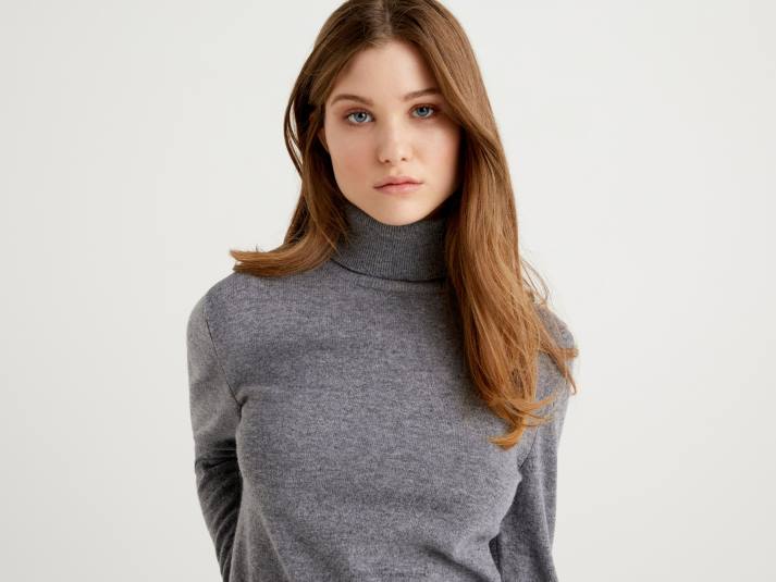 vrouwen Benetton grijze coltrui van pure merinowol grijs 4R623709