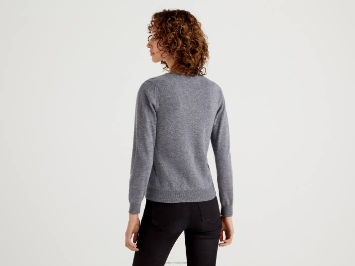 vrouwen Benetton grijze trui met ronde hals van merinowol grijs 4R62190