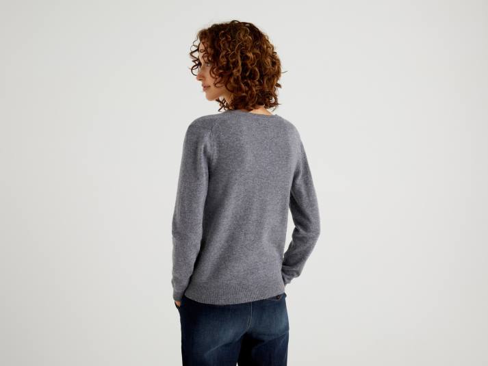 vrouwen Benetton grijze trui met v-hals van zuivere merinowol grijs 4R62221