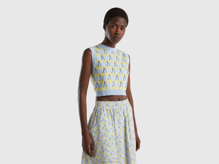 vrouwen Benetton hemelsblauw vest met kersenpatroon hemelsblauw 4R6246