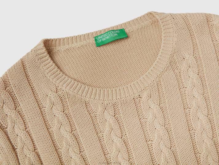 vrouwen Benetton kabel gebreide trui 100% katoen beige 4R623618