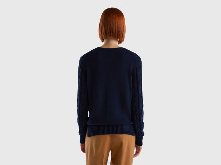 vrouwen Benetton kabel gebreide trui 100% katoen donkerblauw 4R6267