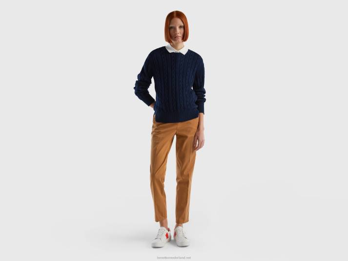 vrouwen Benetton kabel gebreide trui 100% katoen donkerblauw 4R6267