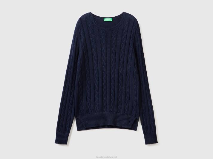 vrouwen Benetton kabel gebreide trui 100% katoen donkerblauw 4R6267