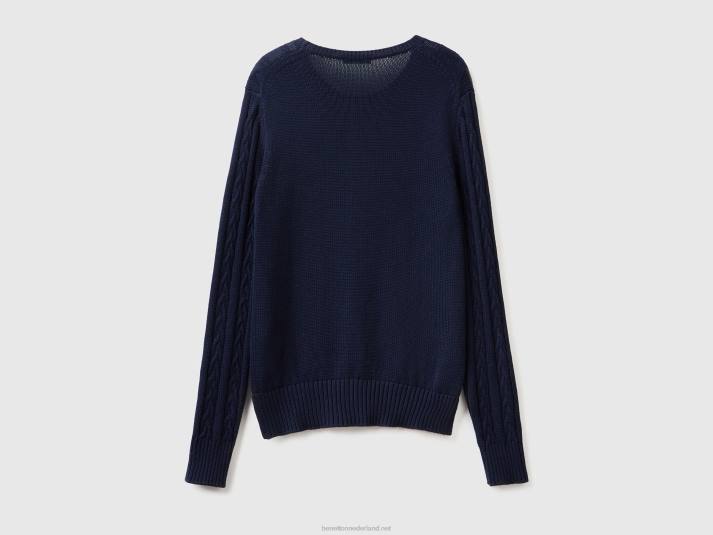 vrouwen Benetton kabel gebreide trui 100% katoen donkerblauw 4R6267