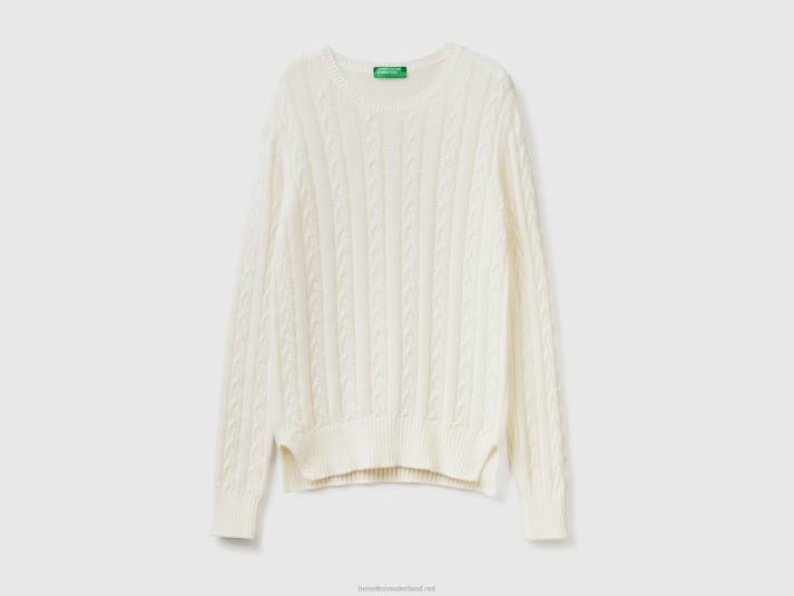 vrouwen Benetton kabel gebreide trui 100% katoen romig wit 4R6263
