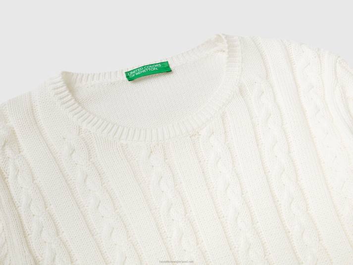 vrouwen Benetton kabel gebreide trui 100% katoen romig wit 4R6263