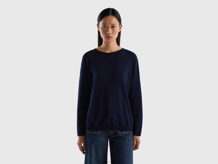 vrouwen Benetton katoenen trui met ronde hals donkerblauw 4R62165
