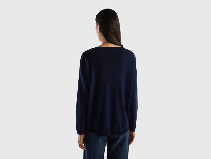 vrouwen Benetton katoenen trui met ronde hals donkerblauw 4R623692