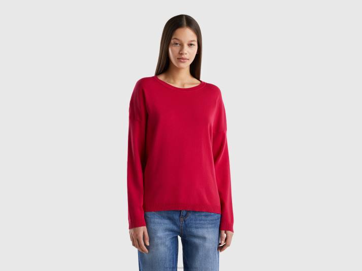 vrouwen Benetton katoenen trui met ronde hals fuchsia 4R6240