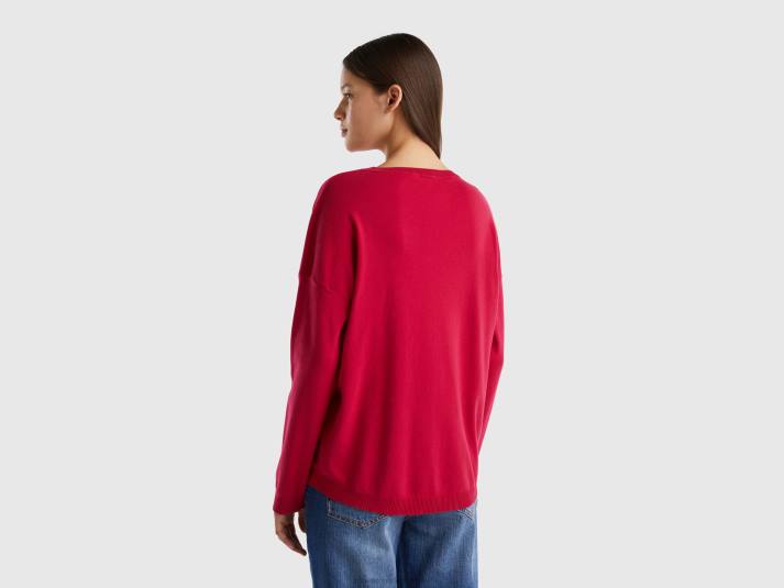 vrouwen Benetton katoenen trui met ronde hals fuchsia 4R6240