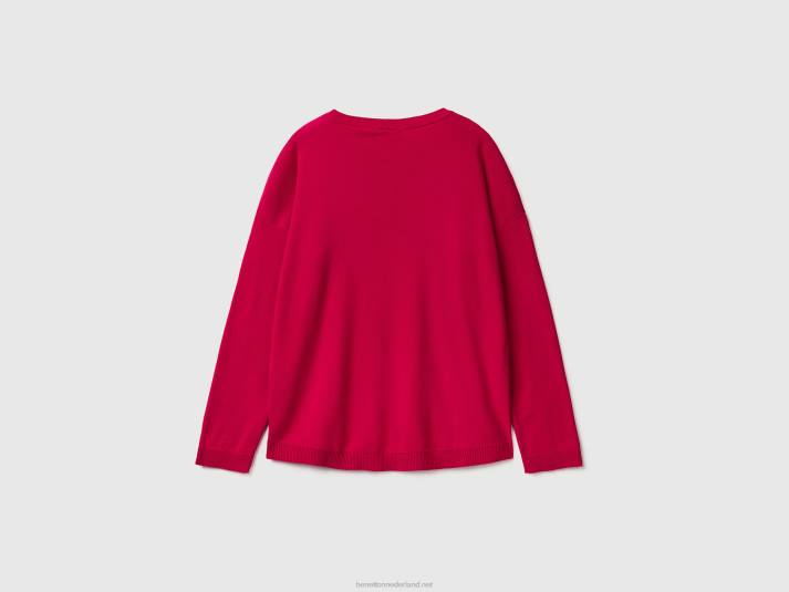 vrouwen Benetton katoenen trui met ronde hals fuchsia 4R6240