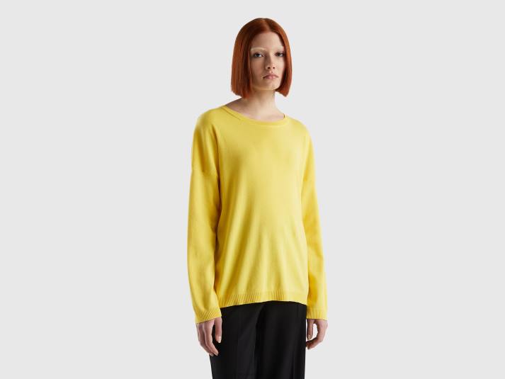vrouwen Benetton katoenen trui met ronde hals geel 4R62102