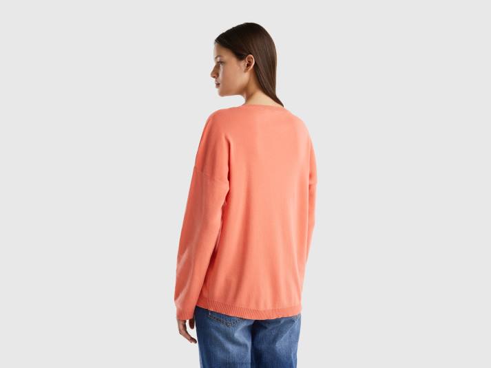 vrouwen Benetton katoenen trui met ronde hals oranje 4R6211