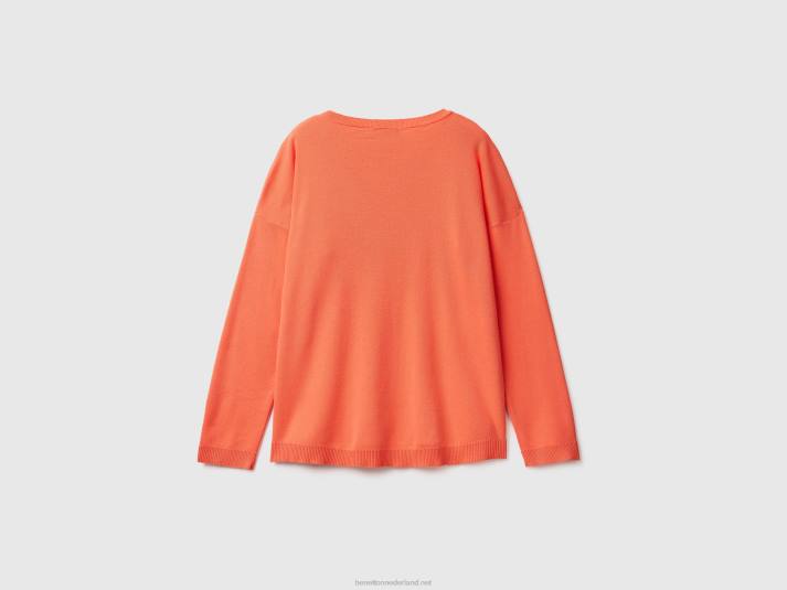 vrouwen Benetton katoenen trui met ronde hals oranje 4R6211
