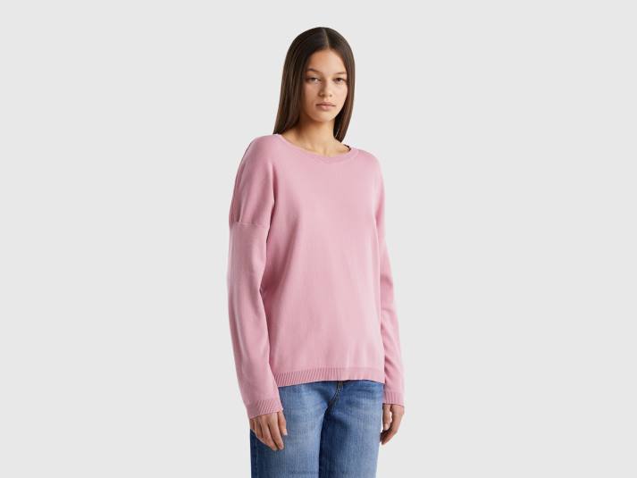 vrouwen Benetton katoenen trui met ronde hals roze 4R62174
