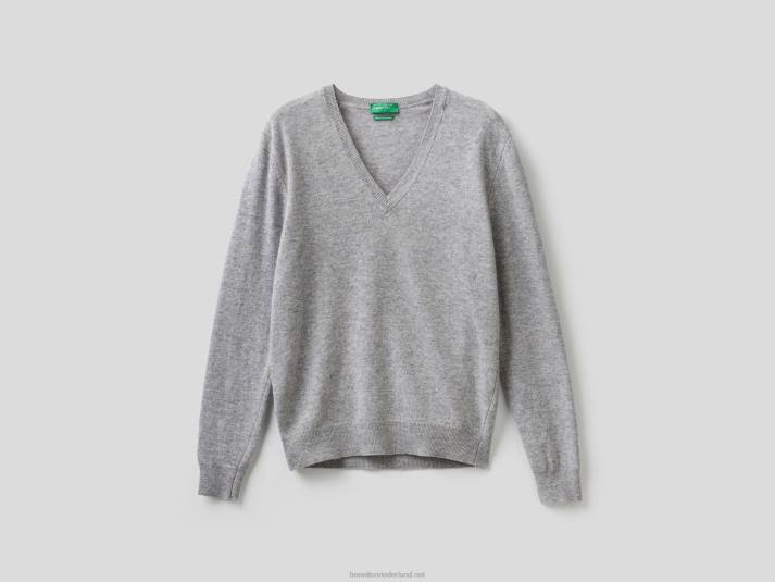 vrouwen Benetton lichtgrijze trui met v-hals van zuivere merinowol lichtgrijs 4R623631