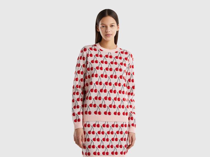vrouwen Benetton roze trui met kersenpatroon roze 4R62144