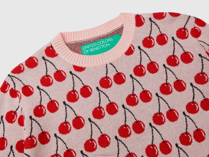 vrouwen Benetton roze trui met kersenpatroon roze 4R62144