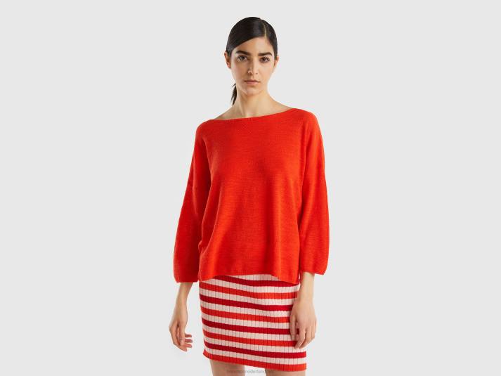 vrouwen Benetton trui in linnenmix met 3/4 mouwen oranje 4R6288