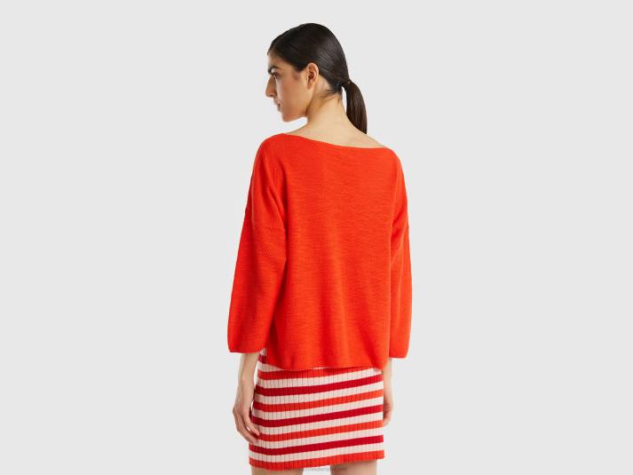 vrouwen Benetton trui in linnenmix met 3/4 mouwen oranje 4R6288