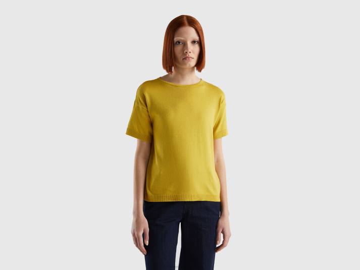 vrouwen Benetton trui met korte mouwen mosterd 4R623607