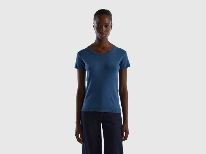 vrouwen Benetton trui met korte mouwen van 100% katoen blauw 4R62145