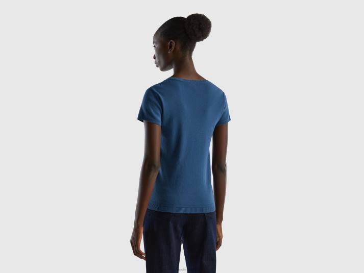 vrouwen Benetton trui met korte mouwen van 100% katoen blauw 4R62145