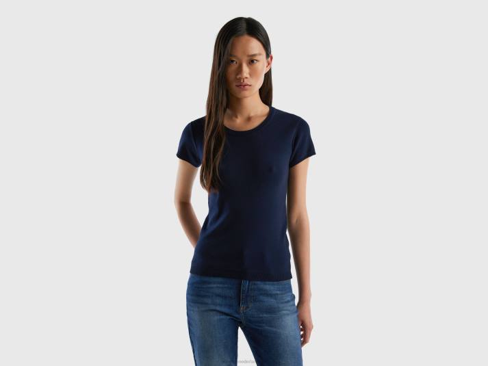 vrouwen Benetton trui met korte mouwen van 100% katoen donkerblauw 4R623666