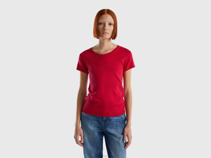 vrouwen Benetton trui met korte mouwen van 100% katoen fuchsia 4R625