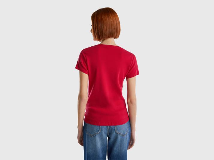 vrouwen Benetton trui met korte mouwen van 100% katoen fuchsia 4R625