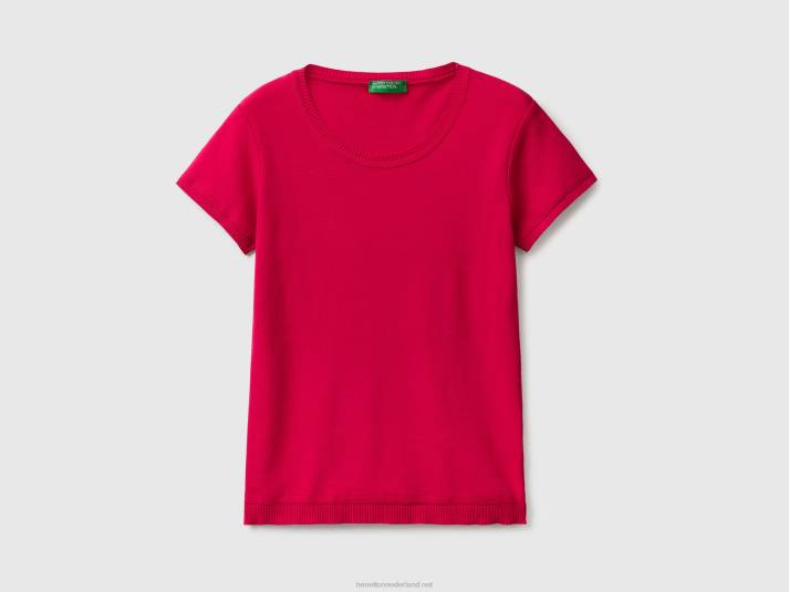 vrouwen Benetton trui met korte mouwen van 100% katoen fuchsia 4R625