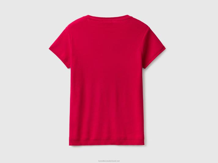 vrouwen Benetton trui met korte mouwen van 100% katoen fuchsia 4R625