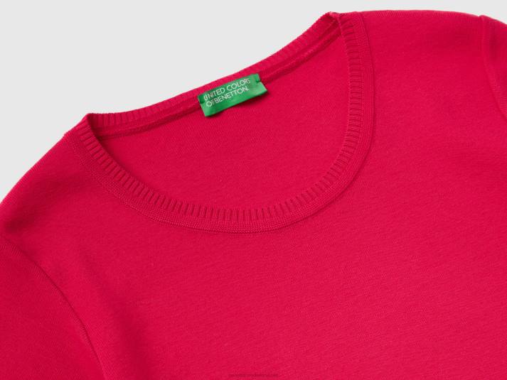 vrouwen Benetton trui met korte mouwen van 100% katoen fuchsia 4R625