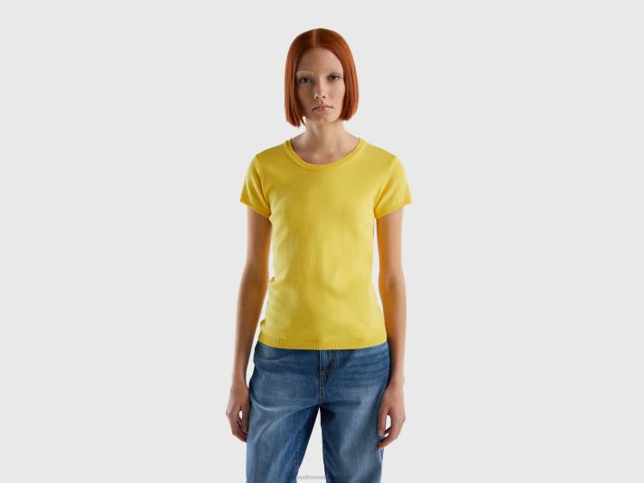 vrouwen Benetton trui met korte mouwen van 100% katoen geel 4R6230