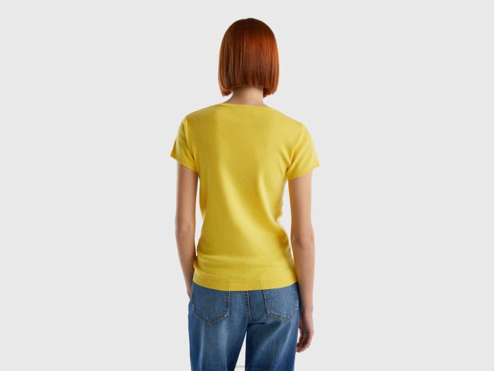 vrouwen Benetton trui met korte mouwen van 100% katoen geel 4R6230