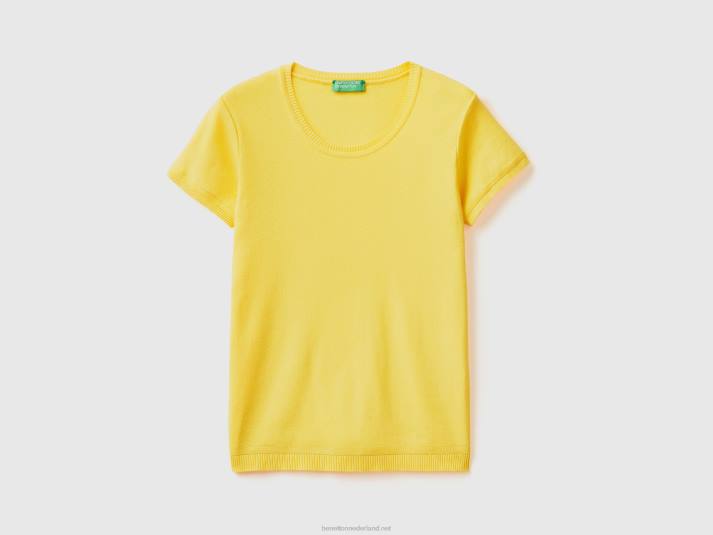 vrouwen Benetton trui met korte mouwen van 100% katoen geel 4R6230
