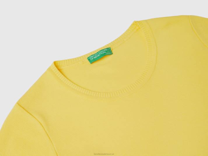 vrouwen Benetton trui met korte mouwen van 100% katoen geel 4R6230