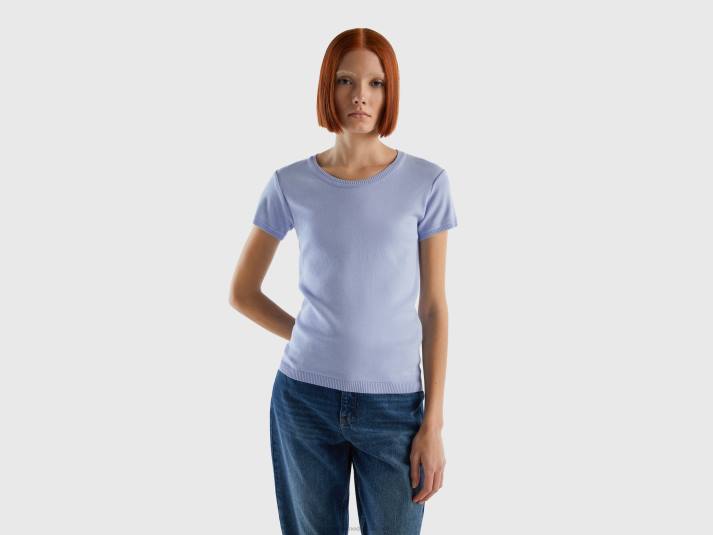 vrouwen Benetton trui met korte mouwen van 100% katoen lavendel 4R6276