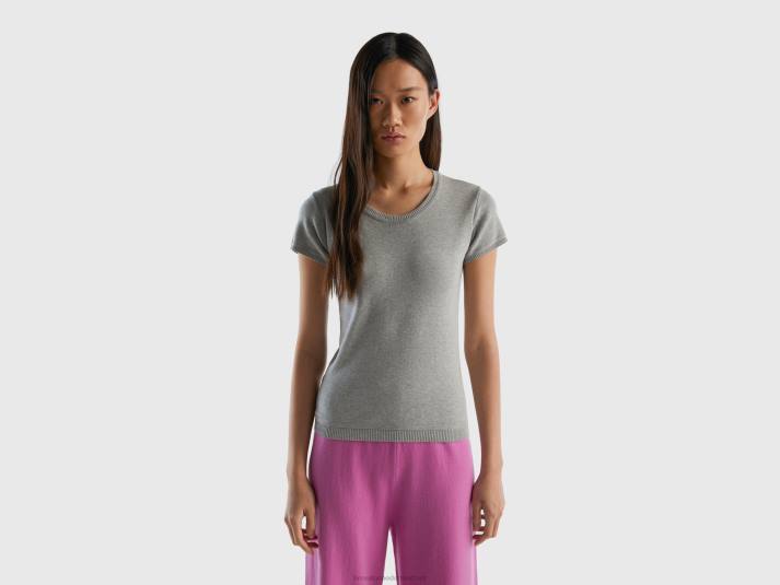 vrouwen Benetton trui met korte mouwen van 100% katoen lichtgrijs 4R623654