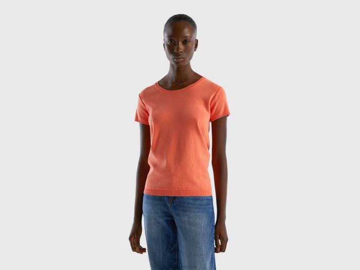 vrouwen Benetton trui met korte mouwen van 100% katoen oranje 4R6251