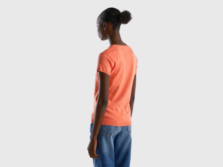 vrouwen Benetton trui met korte mouwen van 100% katoen oranje 4R6251