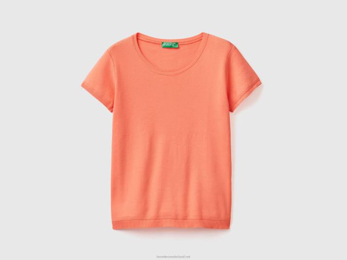 vrouwen Benetton trui met korte mouwen van 100% katoen oranje 4R6251