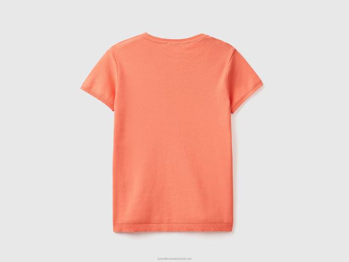 vrouwen Benetton trui met korte mouwen van 100% katoen oranje 4R6251