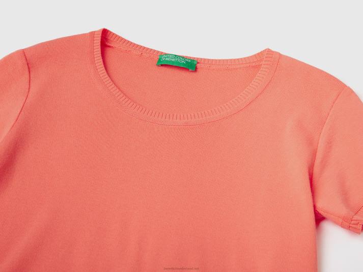 vrouwen Benetton trui met korte mouwen van 100% katoen oranje 4R6251